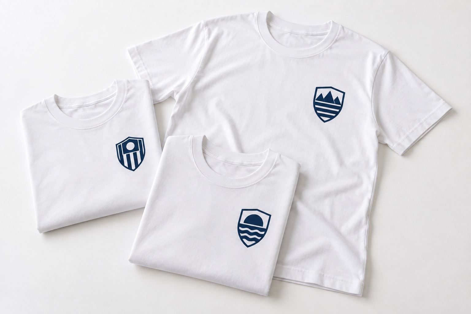 青いチームエンブレム風プリントを入れた白いチームTシャツ3枚の仕上がりイメージ